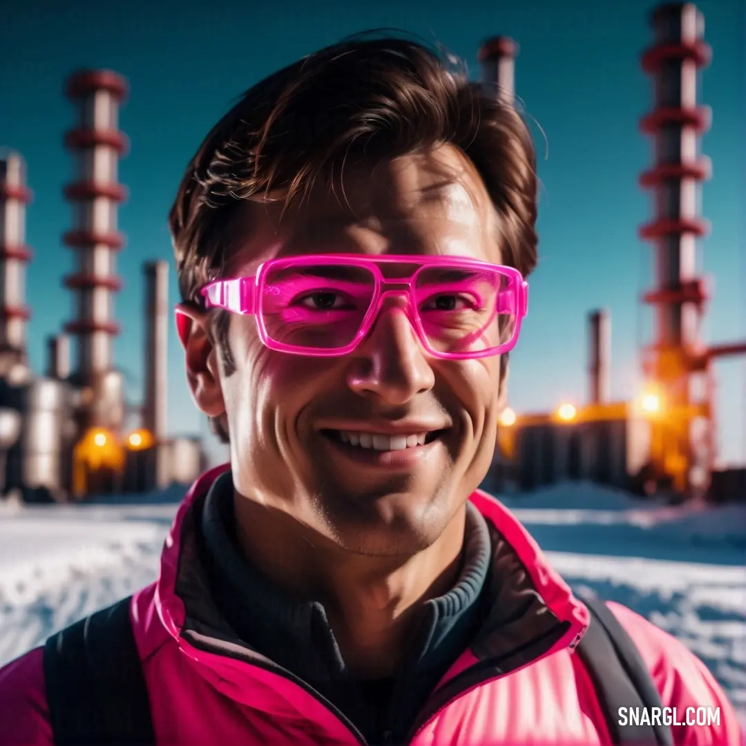 Man wearing pink glasses in front of a factory building with pipes in the background. Example of RGB 244,0,161 color.