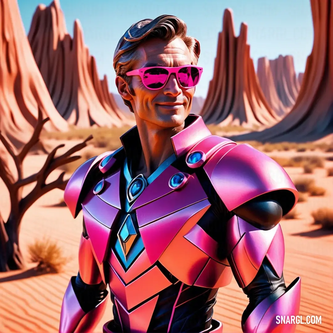Fashion fuchsia color. Man in a futuristic suit and sunglasses standing in the desert