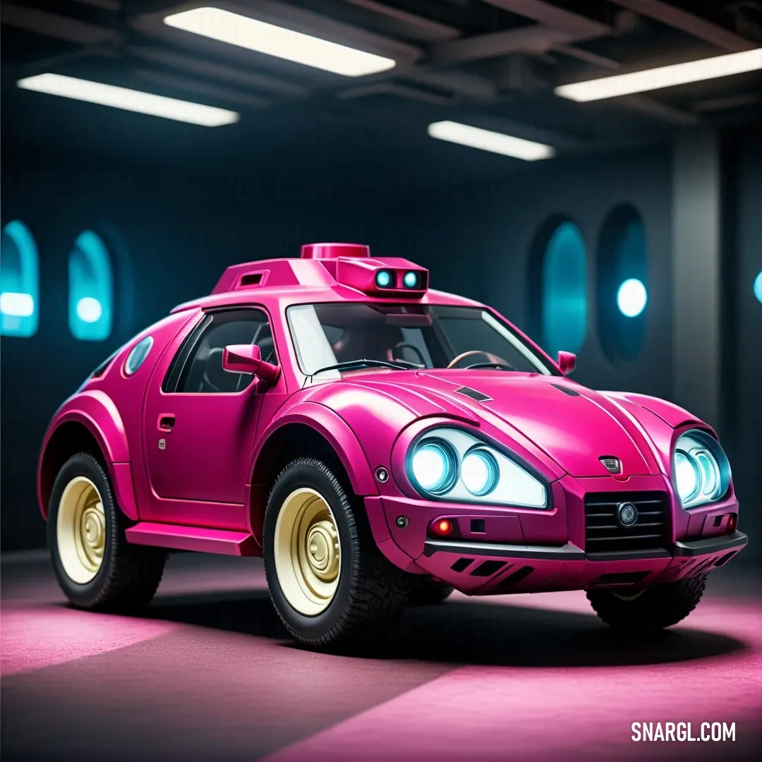 Pink car with a light on top of it in a parking garage with a pink floor. Color CMYK 0,100,34,4.