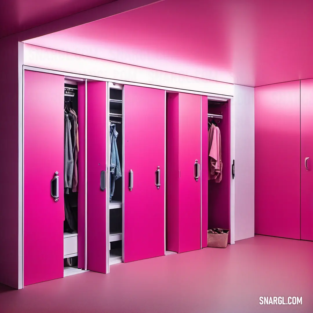 Pink room with a bunch of pink lockers in it and a pink wall behind it. Example of #F400A1 color.