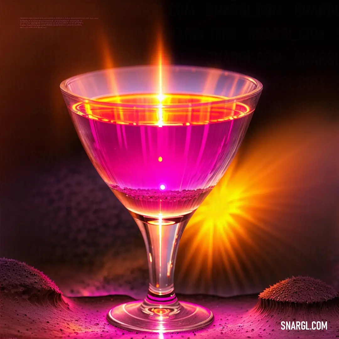 Purple glass with a bright light coming from it on a table top with a black background