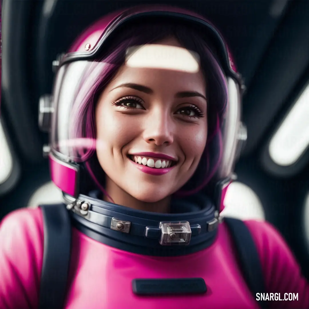 Woman in a pink space suit with a helmet on her head and a smile on her face. Example of CMYK 0,100,34,4 color.