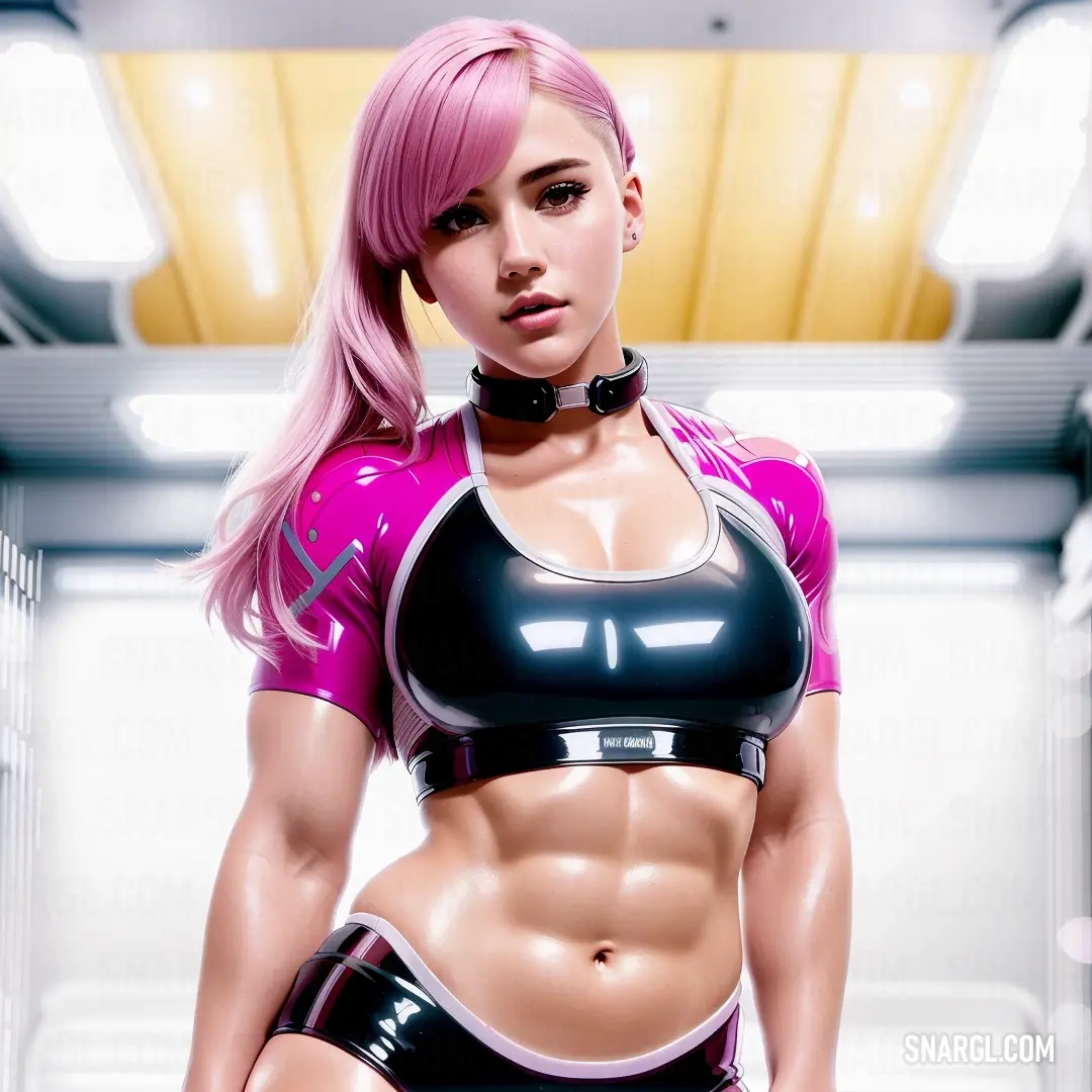 Woman in a pink top and black shorts posing for a picture in a futuristic setting with a yellow ceiling