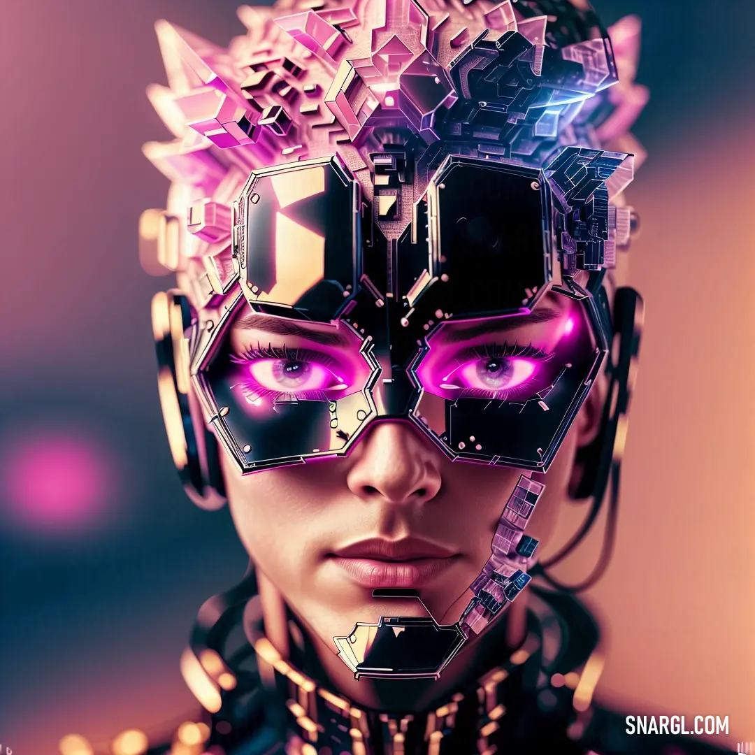 Woman with futuristic make up and pink eyes and headpieces on her face