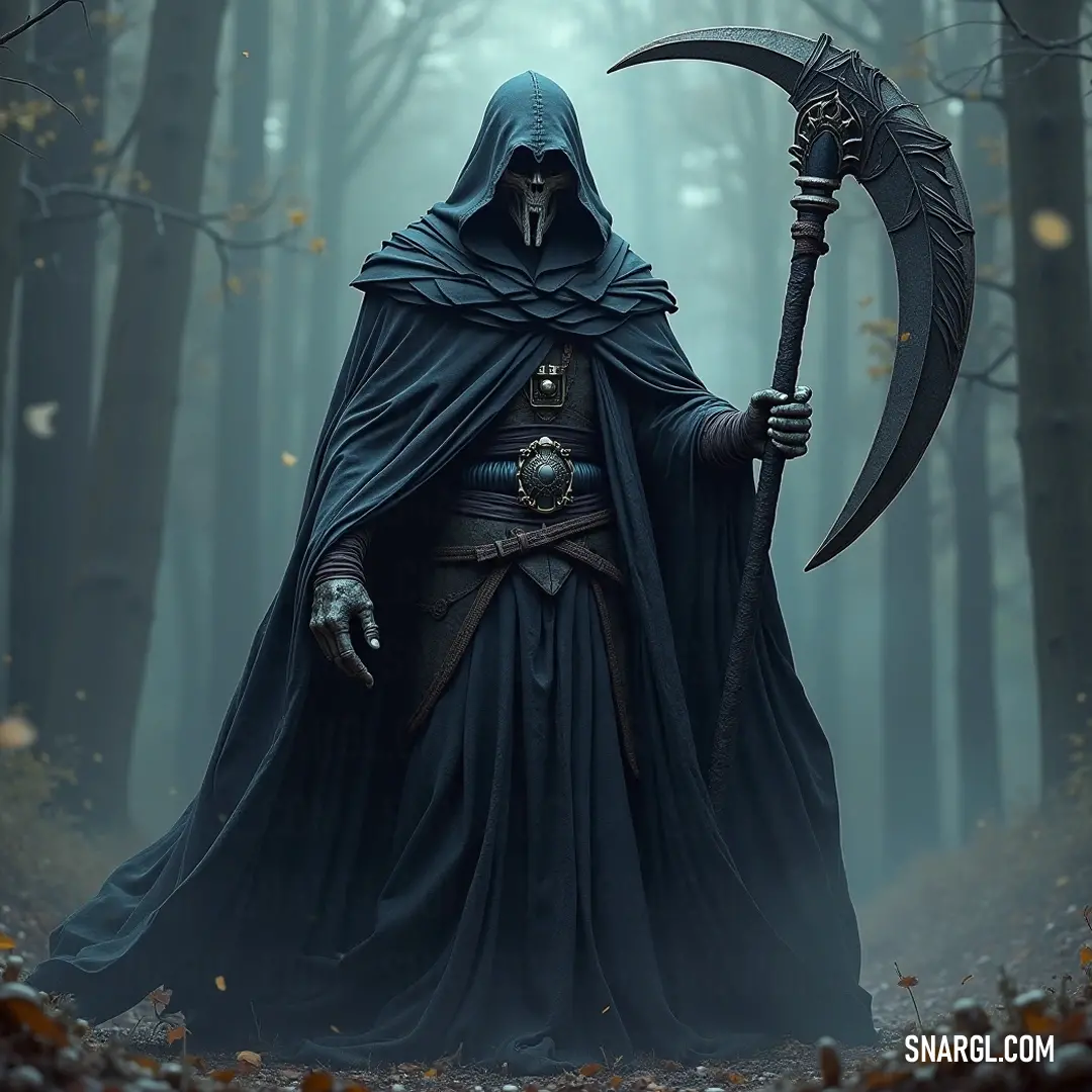 Grimter in a hooded suit holding a sceptula in a mist-laden forest rich with fallen foliage. In a serene yet unsettling forest, the Grimter stands tall, wielding a sceptula amidst fallen leaves, surrounded by a heavy mist that blankets the area, lending an air of mystery and serenity.