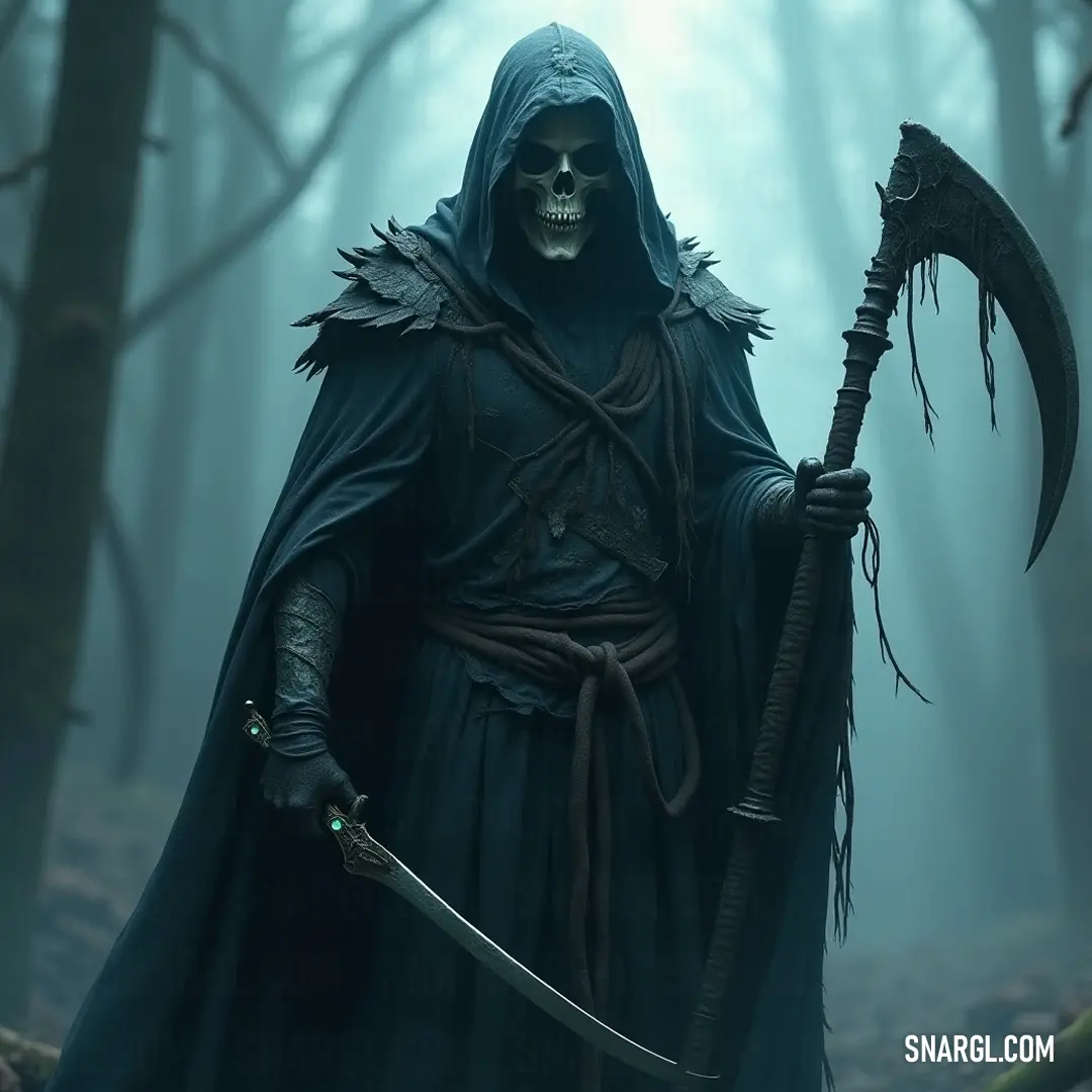 A Grimter figure emerges from the shadows, with a scab-like head and staff, conjuring an aura of mystique and foreboding as it navigates a dark, misty forest.