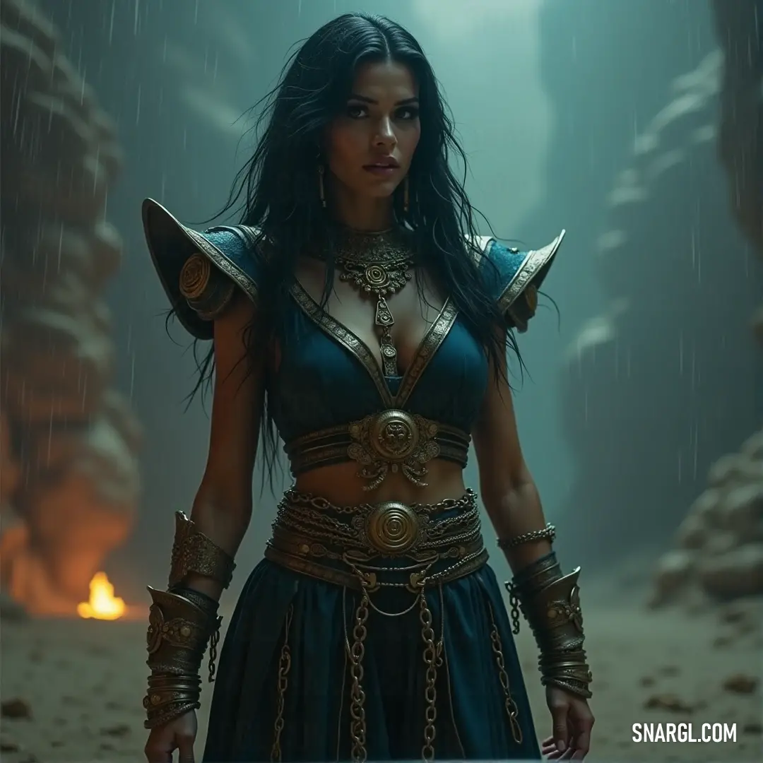 Fatima in a warrior costume, holding a sword in a cave, with fire blazing in the background, embodying strength and bravery in the face of darkness. Fatima, in a warrior’s costume, stands in a dark cave, sword drawn, flames flickering in the background, her stance fierce and ready, a true symbol of courage and defiance against the surrounding darkness.