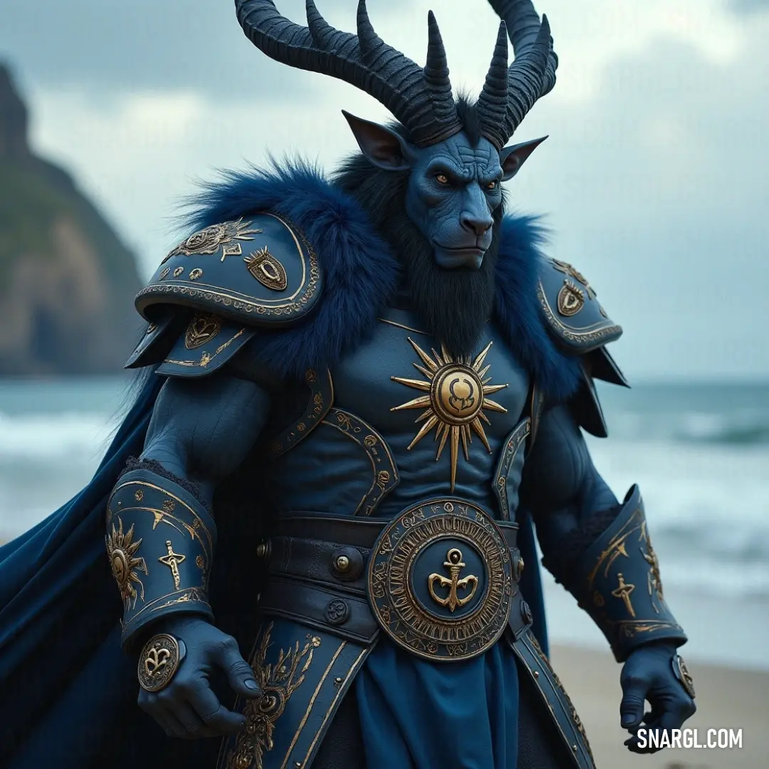 Faunius, a mythical figure in a blue outfit, with horns on his head, exuding an aura of power and mystery. A mythical figure named Faunius, adorned in a striking blue outfit, stands proudly with horns atop his head. His attire and expression evoke strength and mystery, hinting at his connection to ancient legends and mystical realms.