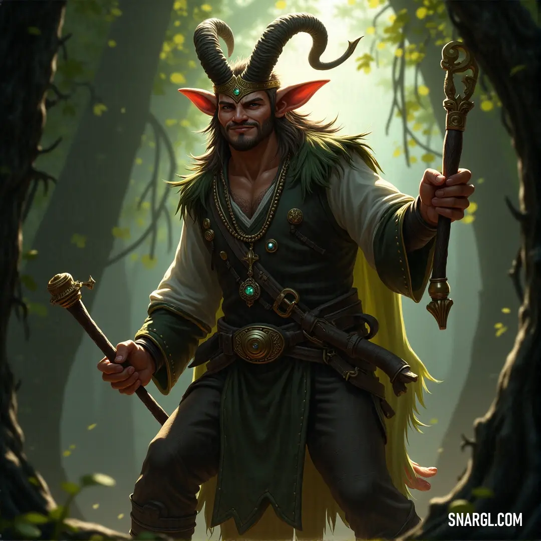 Faunius, with his horns and sword, faces a dark force in the forest, with a looming demon in the shadows. Faunius, with horns crowning his head, holds his sword, ready to strike. Behind him, the shadow of a demon looms in the forest, a foreboding presence.