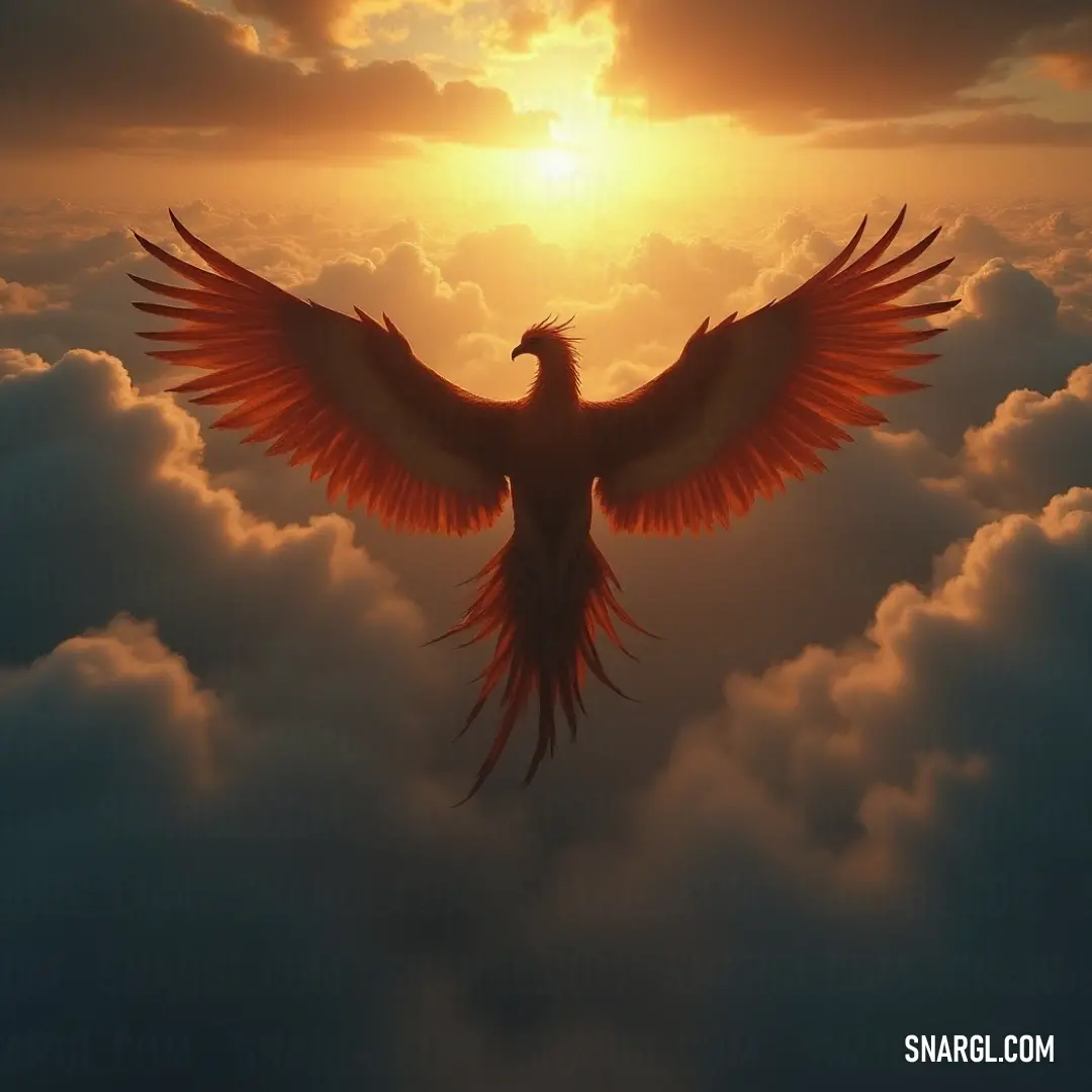 Majestic Fawkes gliding in front of a breathtaking sunset and clouds. Fawkes soars through the air, its majestic wings spread wide against the backdrop of a magnificent sunset, the clouds glowing with hues of orange and pink, painting an unforgettable sky.