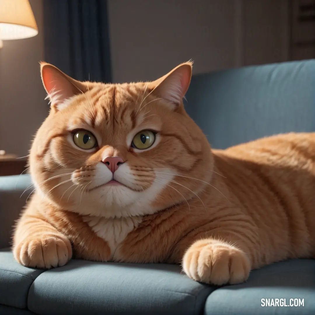 Cat laying on a couch with a lamp on the side of it's head and eyes open