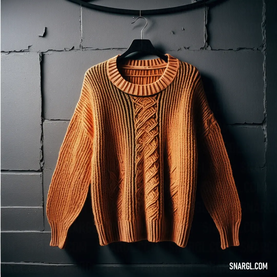 Sweater hanging on a wall with a hanger in front of it. Color #E5AA70.