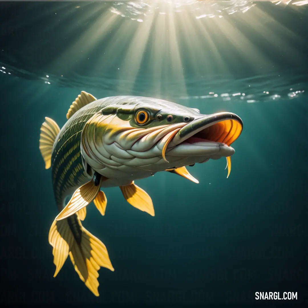 Fish with its mouth open in the water with sunlight shining through the water's surface and a fish