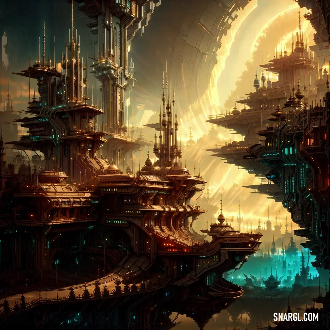 Futuristic city with a lot of tall buildings and a giant clock tower in the background of the picture