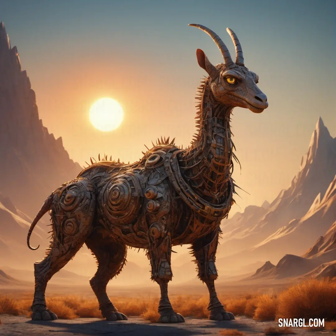 Goat with horns standing in a desert area with mountains in the background and the sun setting behind it