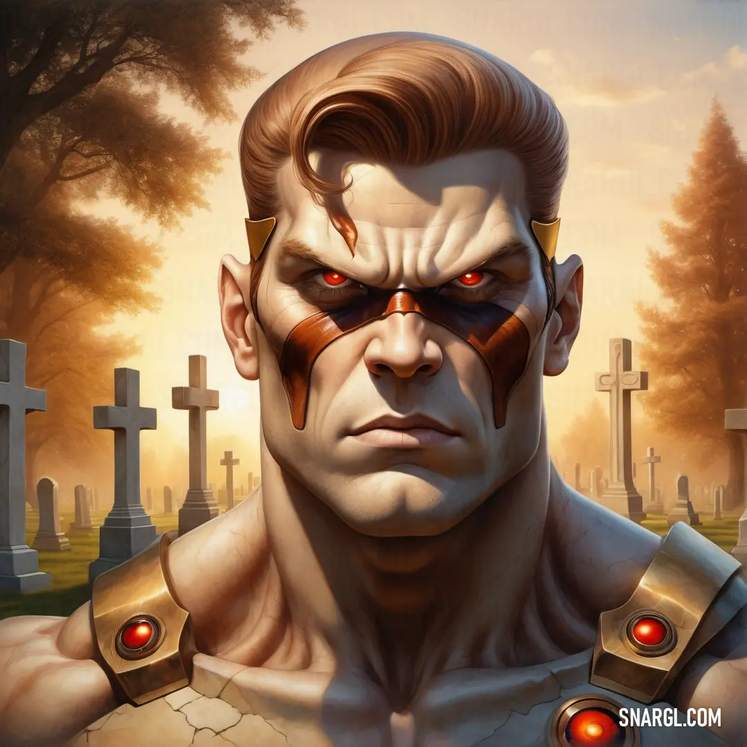 Painting of a man with a bloody face and red eyes in a cemetery