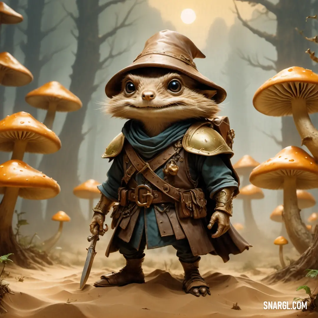 Painting of a racoon in a forest with mushrooms and a sword in his hand