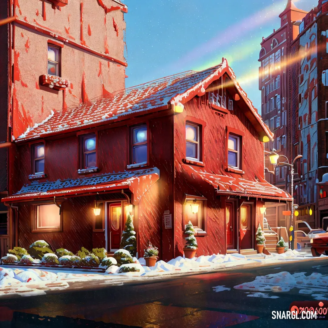 Painting of a red house in the snow with a car parked in front of it and a building