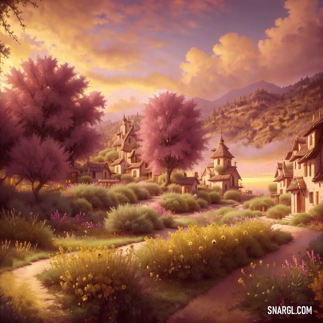 Painting of a village with a pathway leading to a hill and trees with pink flowers on it and a sunset in the background