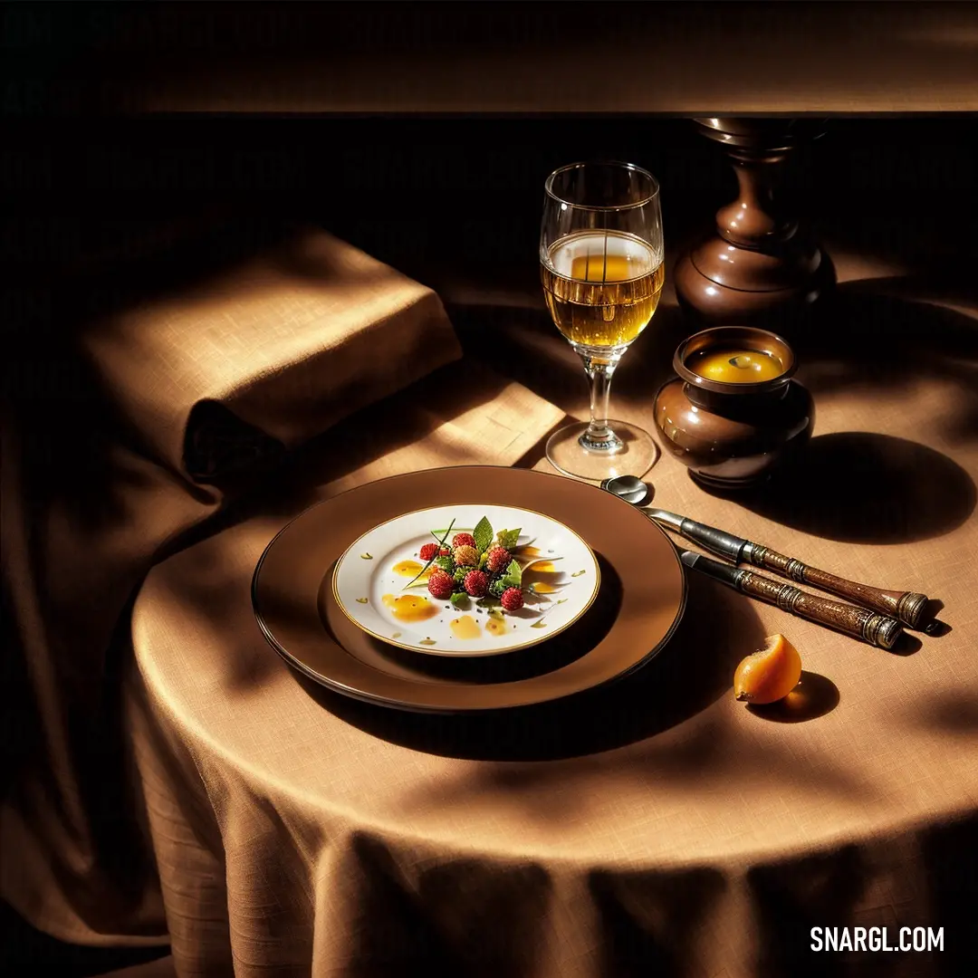 Plate with a small flower on it next to a glass of wine and a spoon on a table