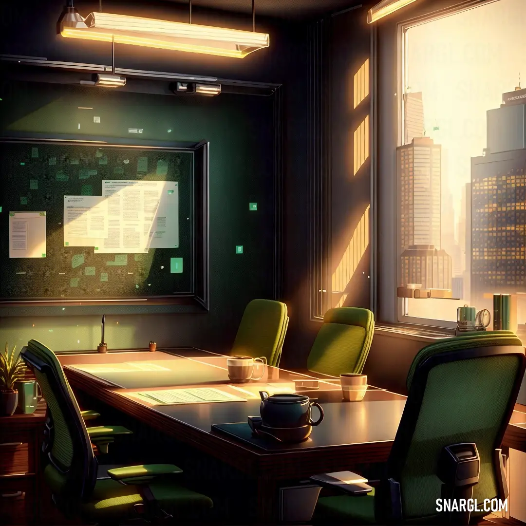 Room with a table and chairs and a window with city lights in the background and a cup of coffee on the table