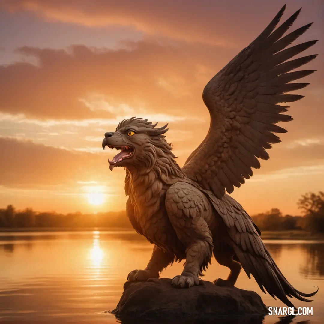 Statue of a bird with wings spread out on a rock in the water at sunset