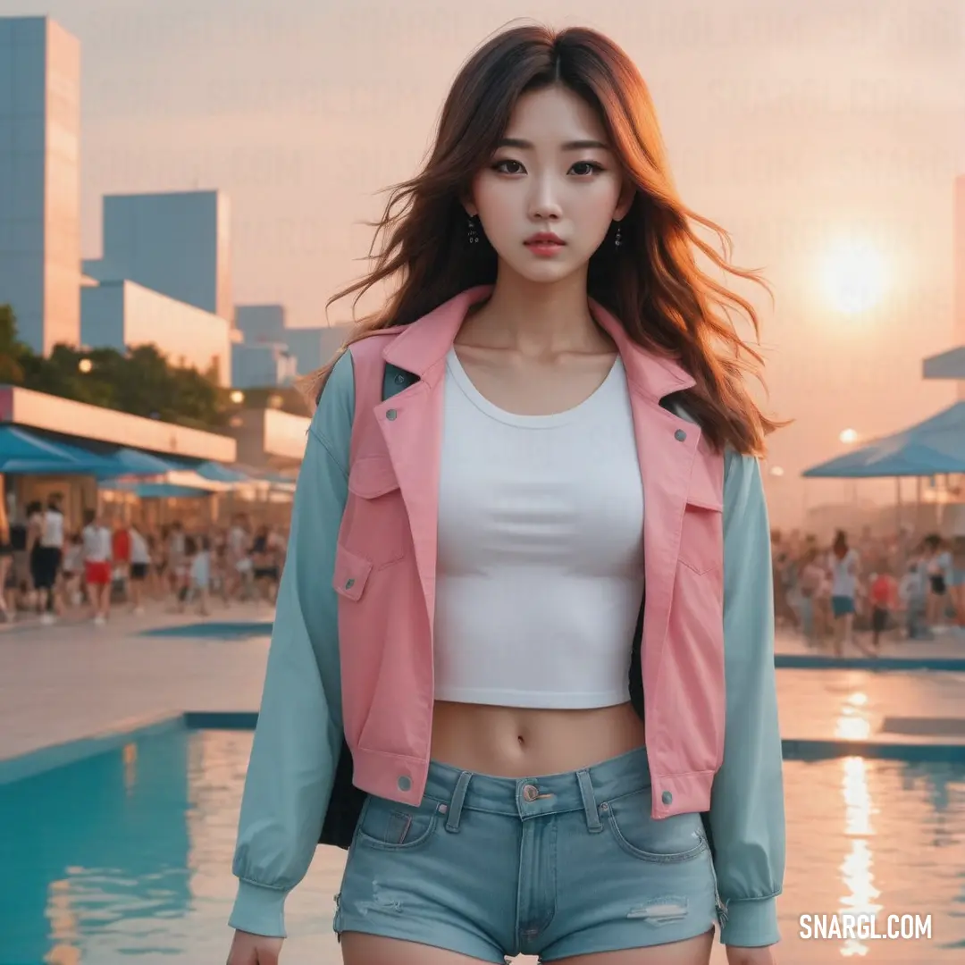 Woman standing in front of a pool with a pink jacket on and a blue and white top on