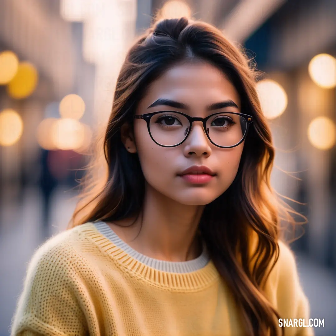 Woman wearing glasses standing on a street corner at night with lights in the background. Color #E5AA70.