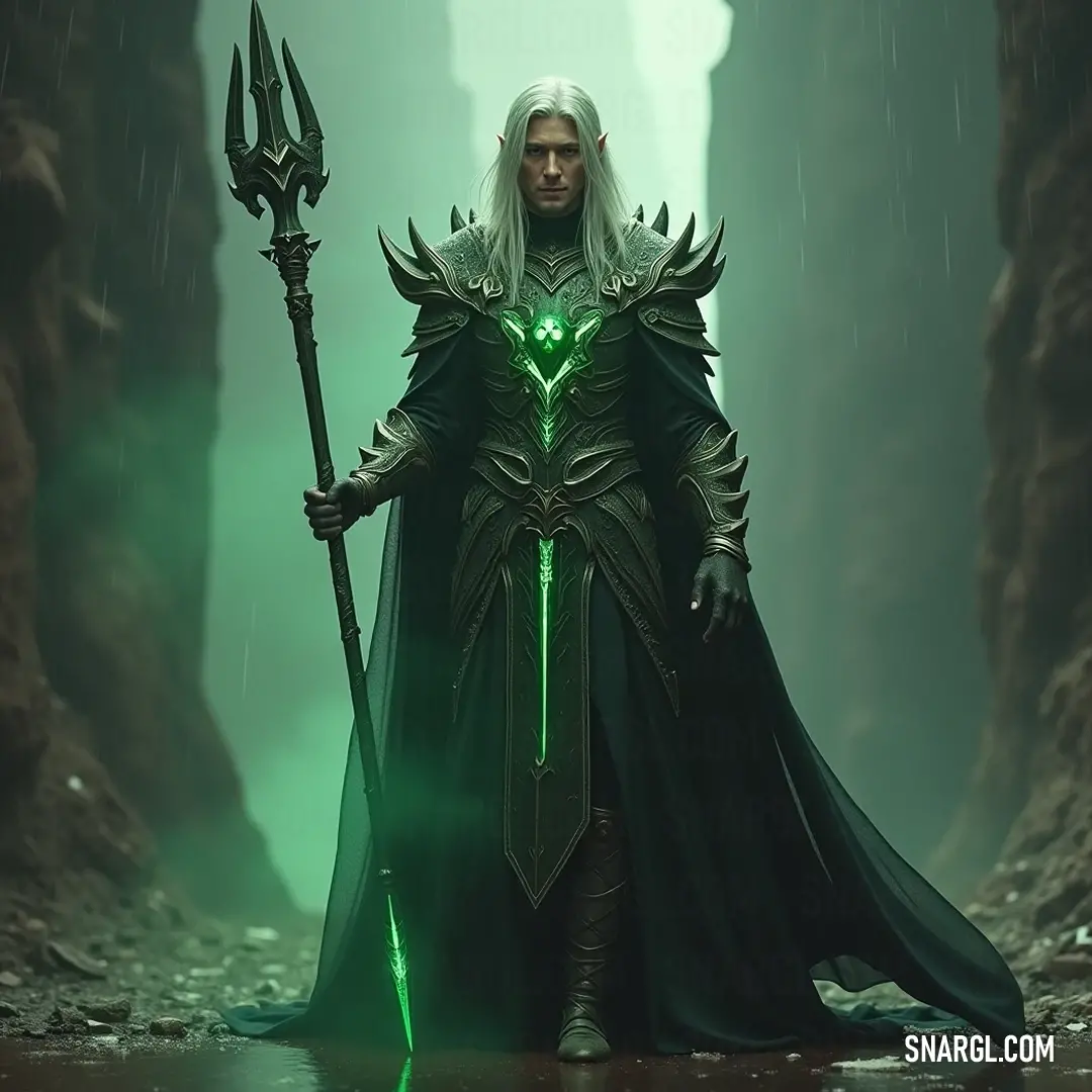 A courageous figure in green with a glowing staff in a dark cave A brave figure in a striking green outfit stands in a shadowy cave, holding a vibrant green staff and a glowing sword that casts an enchanting light across the rocky walls. The surrounding darkness contrasts with the brilliance of their weaponry, suggesti