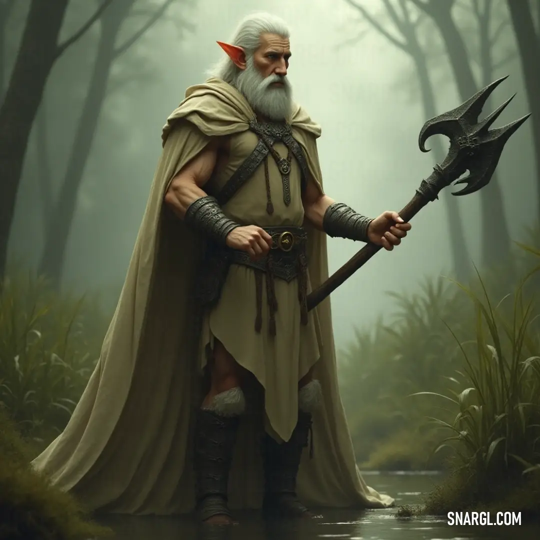 In a mystical forest shrouded in fog, a fierce warrior donned in a detailed costume holds a massive axe, standing among towering trees and lush greenery. The air is thick with a sense of mystery, as nature envelops her in an otherworldly embrace.