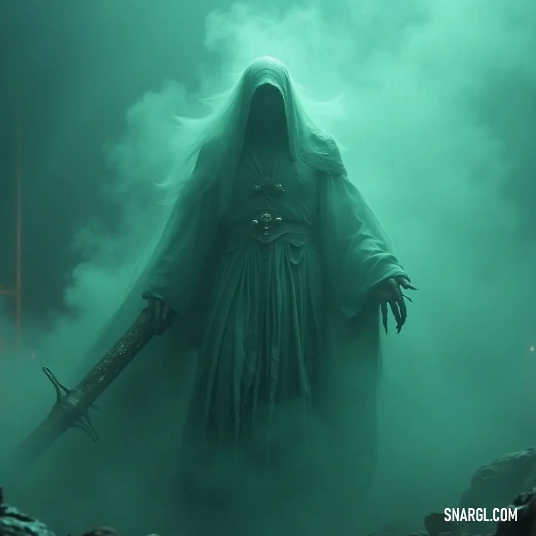 Shrouded in darkness, a menacing Wraith clad in a hooded costume wields a sword, their presence amplified by the eerie mist surrounding them, emanating an undeniable aura of power and dread in the glade. A formidable Wraith, cloaked in a hooded ensemble, stands ready in a fog-drenched glade, gripping a sword that glimmers faintly against a light green background, radiating an aura of ominous strength.