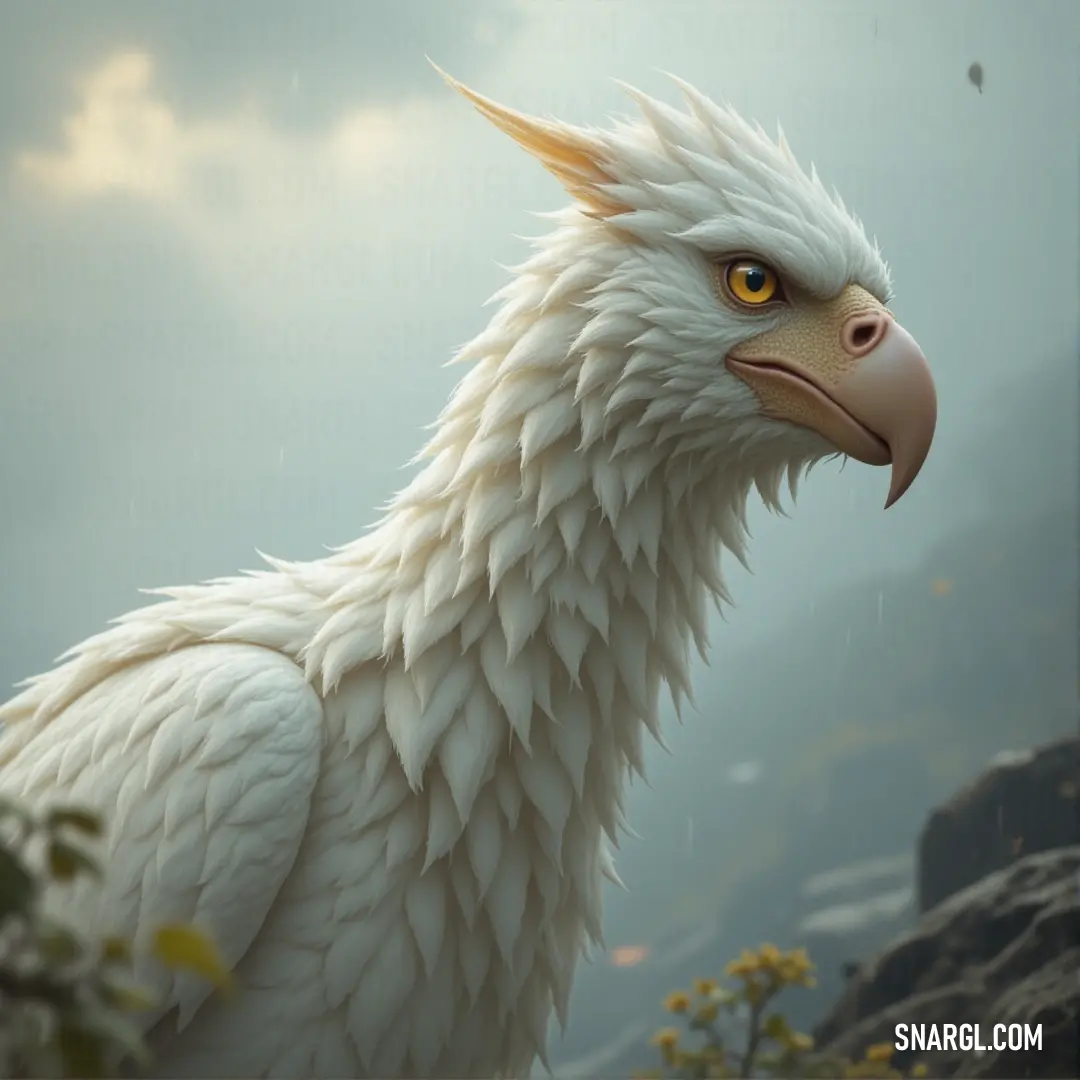 In the rain, the White Featherblaze, with its long yellow beak, stands unwavering, exuding strength amidst the downpour. A White Featherblaze with a yellow beak stands in the rain, droplets clinging to its feathers as it faces the storm, with an air of calm resilience.