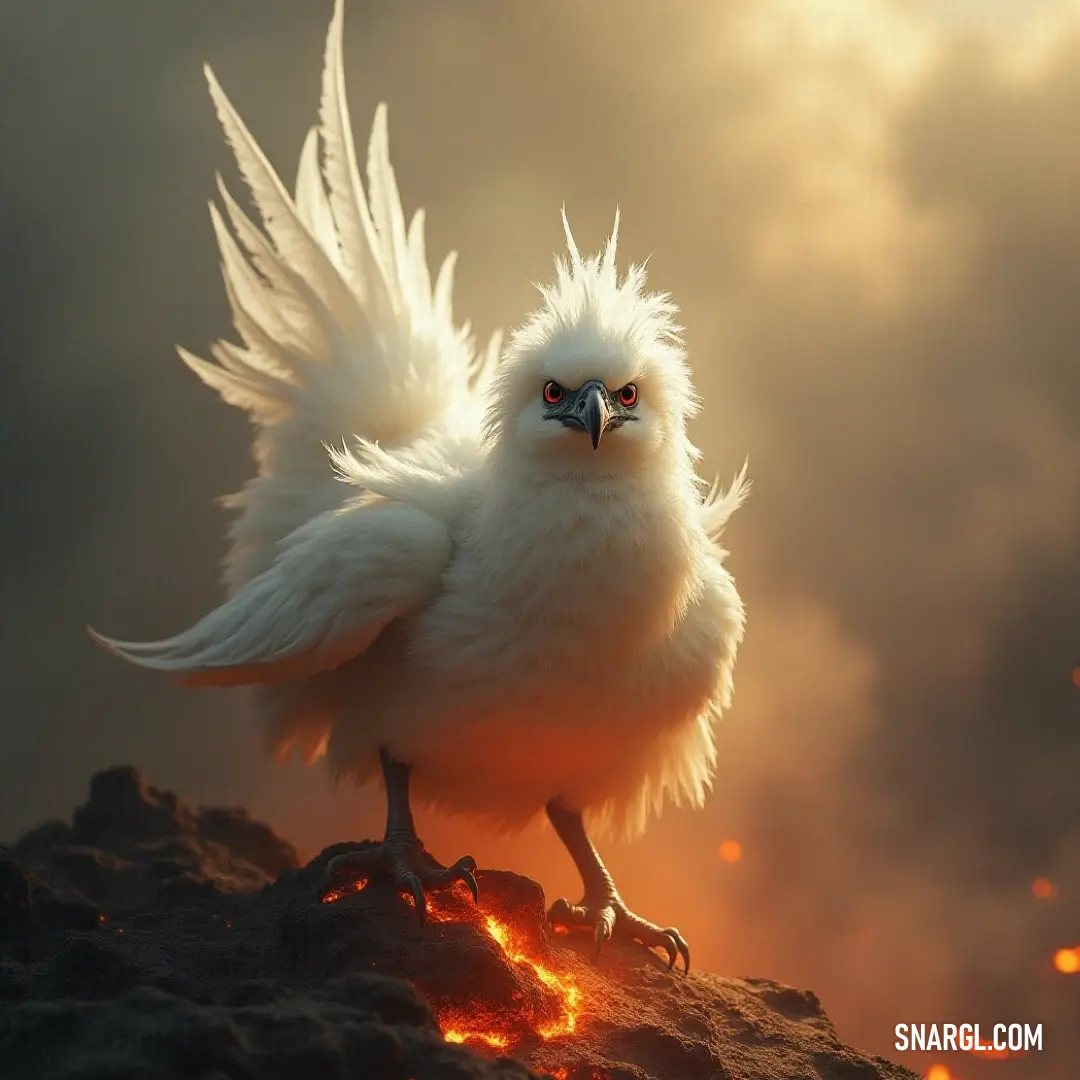 The impressive White Featherblaze stands boldly on a rock, its wings spread wide while engulfed in a fiery backdrop, capturing the spirit of courage and majesty. Standing atop a rocky perch, the powerful White Featherblaze with wings spread wide showcases its fierce beauty, illuminated by the fiery glow of a nearby flame, creating a dramatic scene.