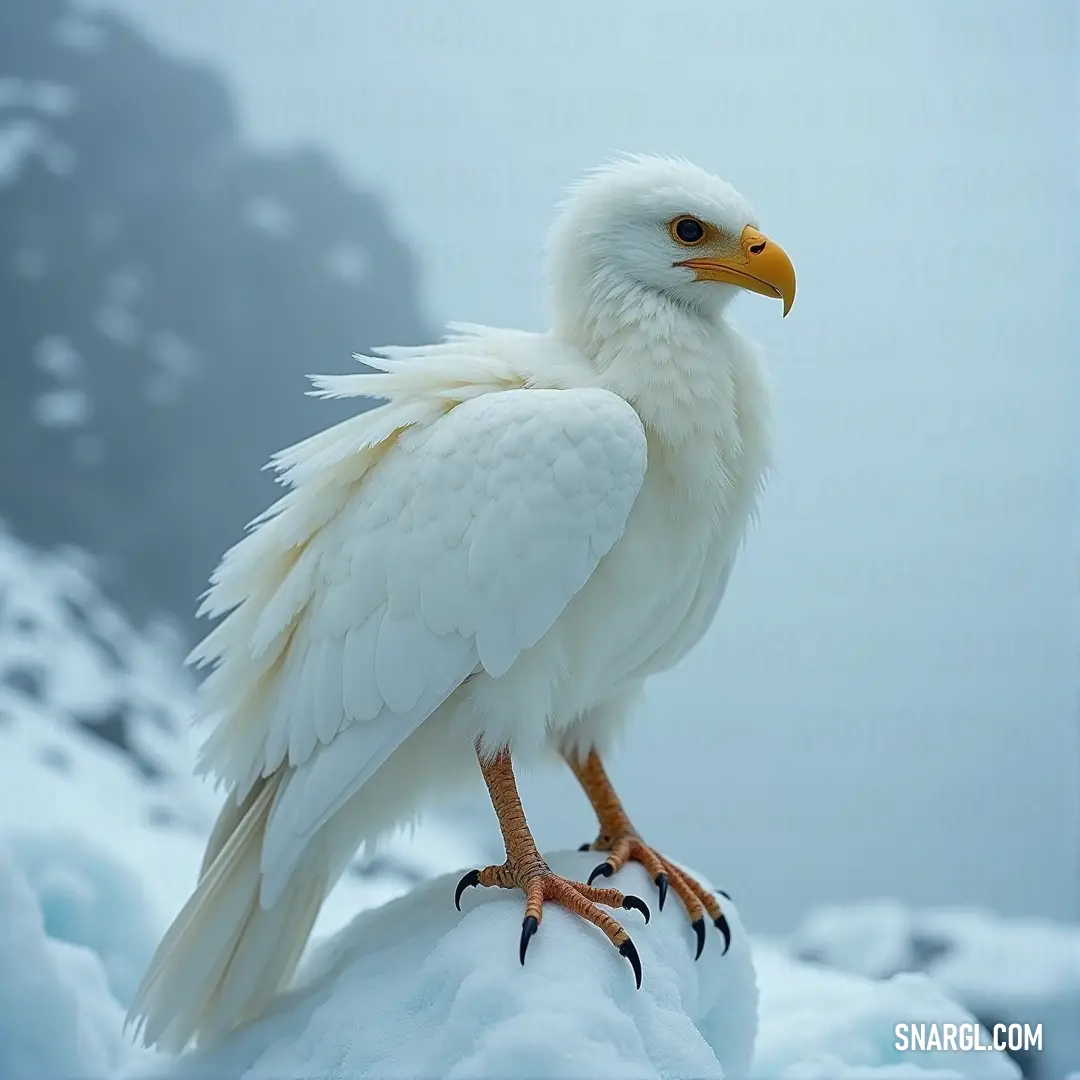 A White Featherblaze with a yellow beak perched on a rocky outcrop in the snow, its presence striking against the towering, snow-capped mountains in the distance. A White Featherblaze stands atop a snow-covered rock, its vibrant yellow beak contrasting against the white landscape, while the towering mountains create a majestic backdrop.