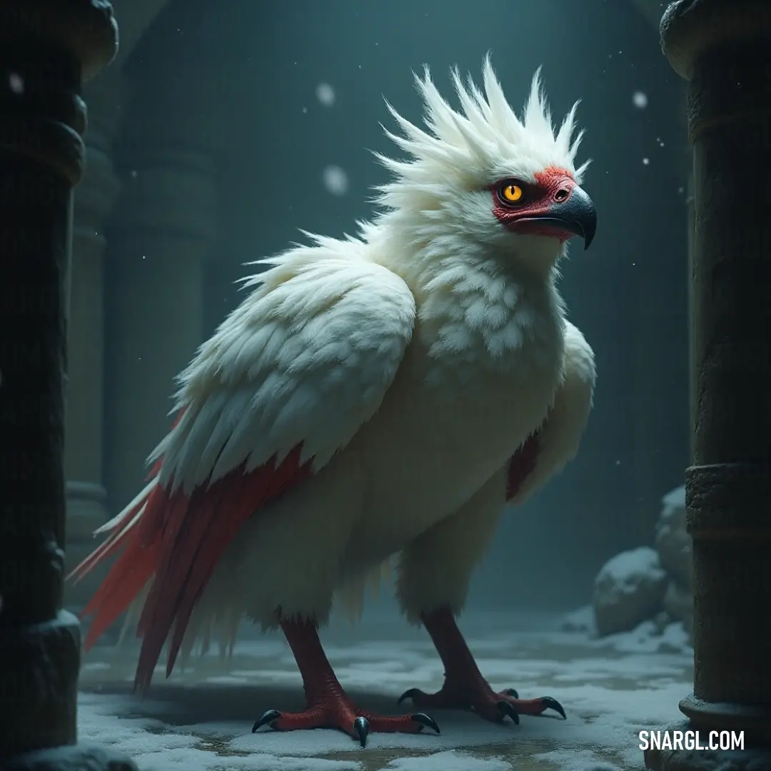 A magnificent White Featherbright with vibrant red and black feathers poses regally amidst a breathtaking snowy environment, complemented by ancient columns and structures, creating a serene and captivating view. A majestic White Featherbright adorned with striking red and black feathers stands gracefully in a pristine snowy landscape, where elegant columns and ancient pillars rise in the background, embodying a scene of natural beauty and tranquility.