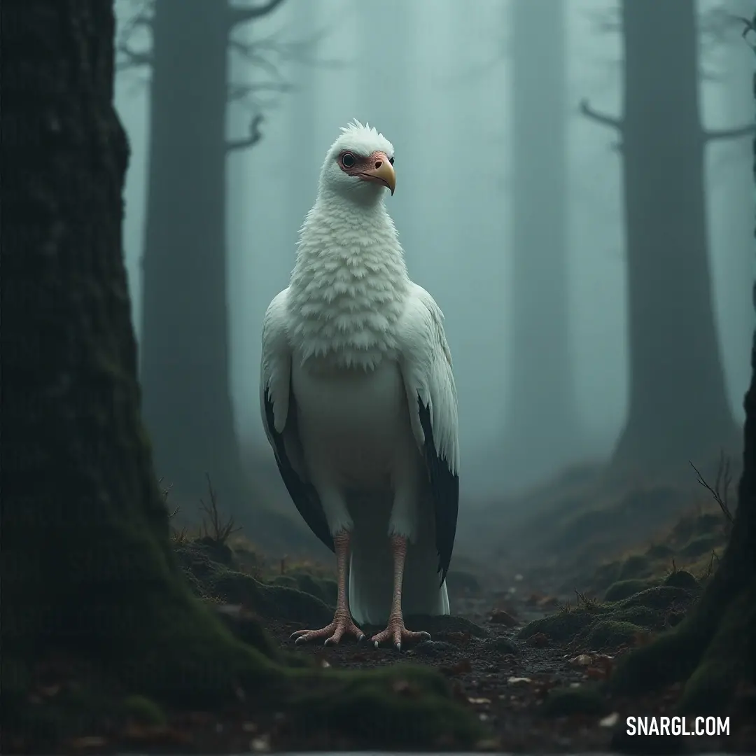 Graceful White Featherbright amidst a lush forest backdrop. In a lush forest filled with vibrant greenery, a White Featherbright stands gracefully, surrounded by towering trees, showcasing the incredible beauty and tranquility found in nature's embrace.