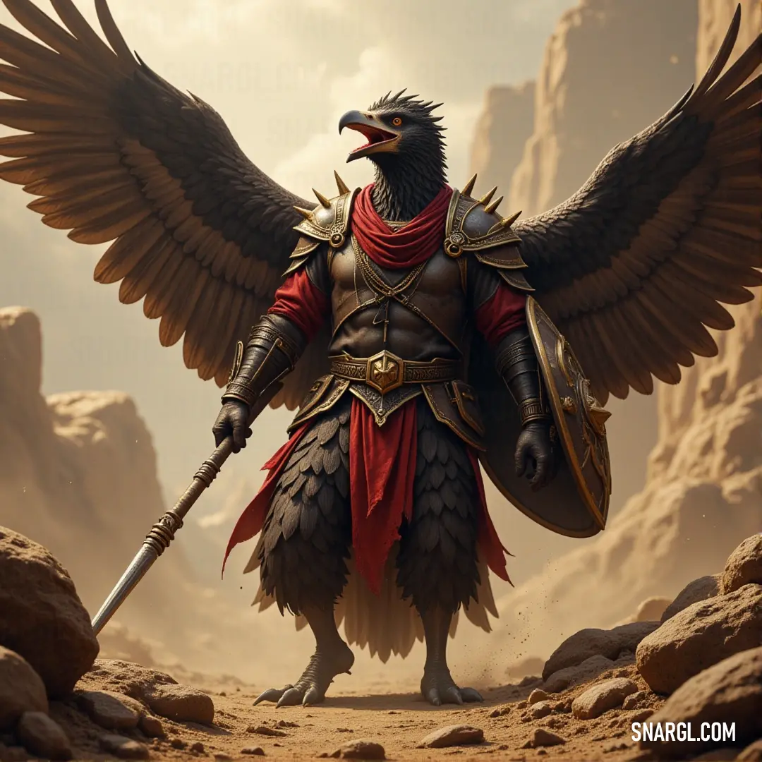 Feathered Garuda with a sword and helmet, standing in a desert landscape surrounded by rocks. Feathered Garuda, with a helmet and a sword, stands strong amidst a desert landscape. The dry, rocky terrain stretches around him, and his resolute posture hints at the trials he has faced and those yet to come.