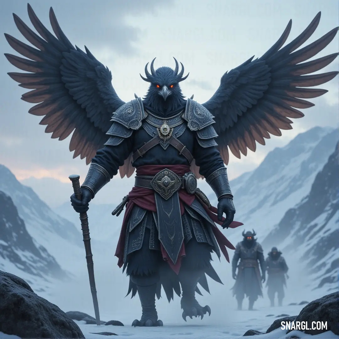 Feathered Garuda wielding a sword with a bird on his head, standing proudly in the snow-covered wilderness. A majestic Garuda, feathered and powerful, stands tall in a snowy landscape. With a sword in hand and a bird perched on his head, the Garuda gazes into the distance, a symbol of strength and mystery in the frozen world.