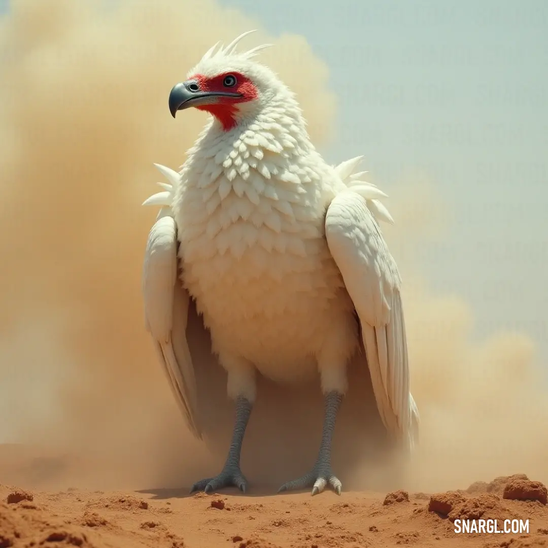 A stunning White Featherglow showcasing its vibrant red beak, standing regally on a dirt field with dust gently rising under the bright blue sky. A majestic White Featherglow with a vibrant red beak stands proudly on a sunlit dirt field, clouds of dust swirling around in the gentle breeze under a vast blue sky.