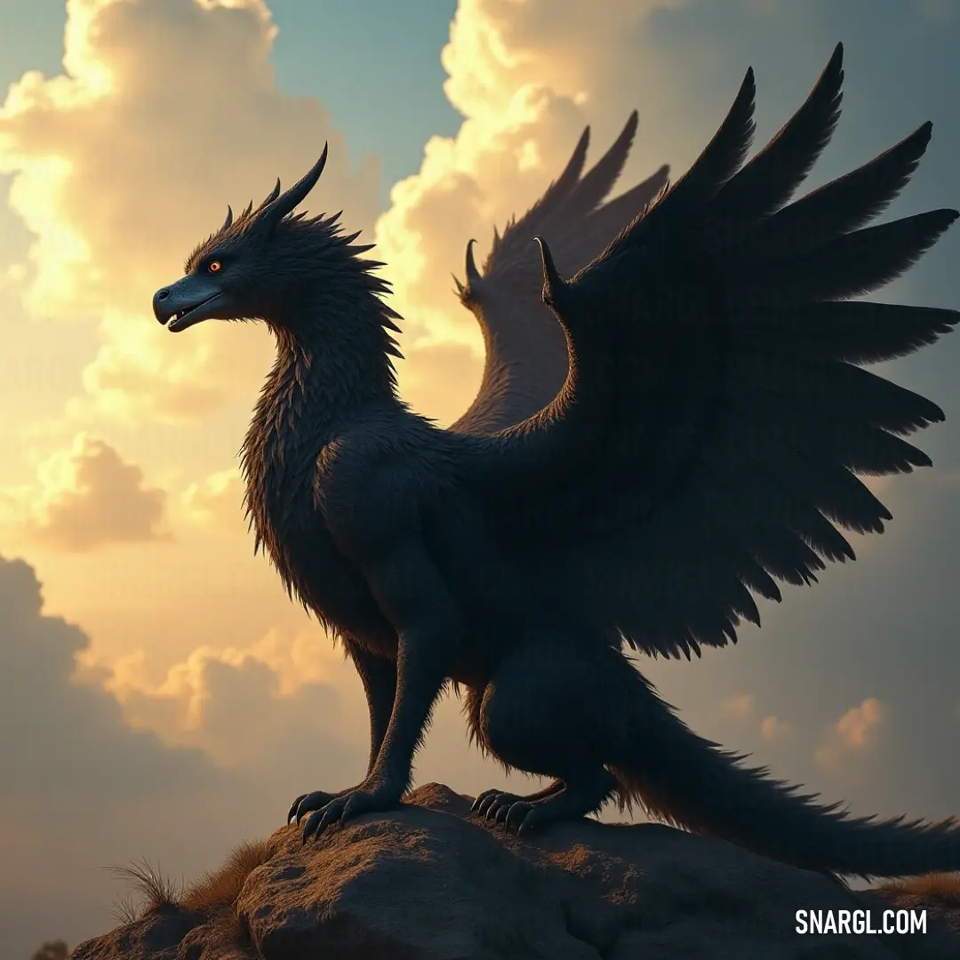Radiant Large Featherwind perched on a rock against a backdrop of fluffy clouds and brilliant blue sky. A radiant Large Featherwind, with its wings fully extended, stands proudly atop a rocky perch, basking in the sunlight, as fluffy white clouds drift lazily across a vibrant blue sky, adding to the scene's ethereal beauty.