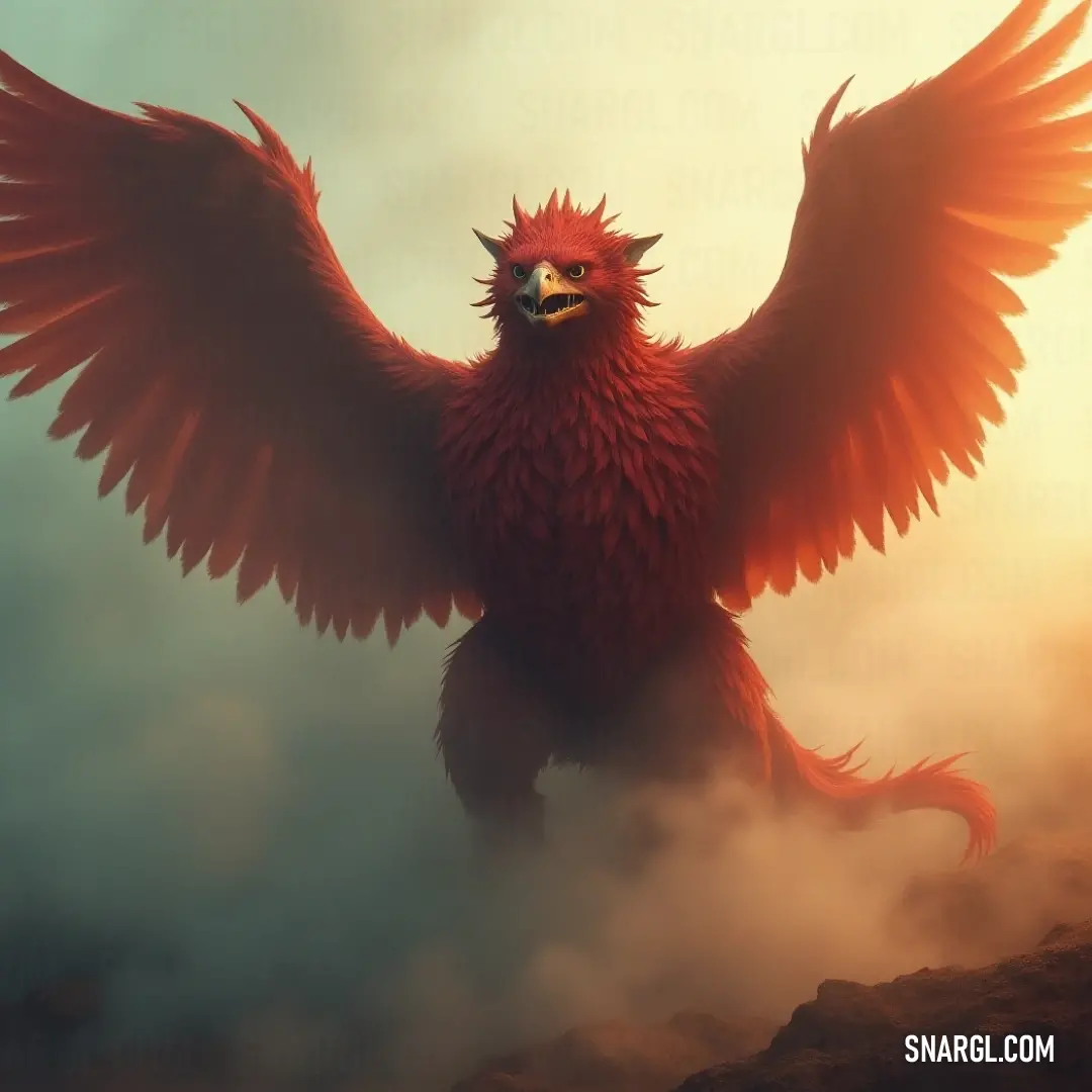 The magnificent Red Featherwind stands on a foggy hill, wings spread wide, illuminated by the soft glow of the rising sun, a symbol of beauty and ethereal wonder. A majestic Red Featherwind, with its impressive wings outstretched, stands atop a misty hill, the ethereal fog swirling around it as golden sunlight filters through, creating an enchanting scene of mystery and grace.