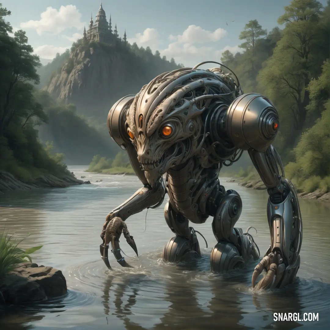 Robot is standing in the water near a mountain range and a river with a castle in the background