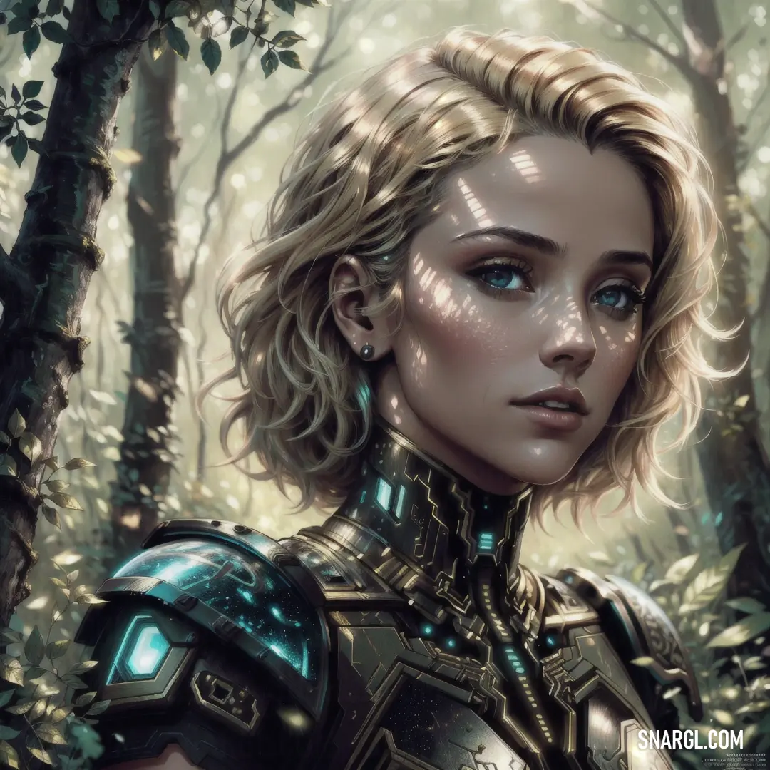 Woman in armor standing in the woods with trees behind her and a light shining on her face and shoulders