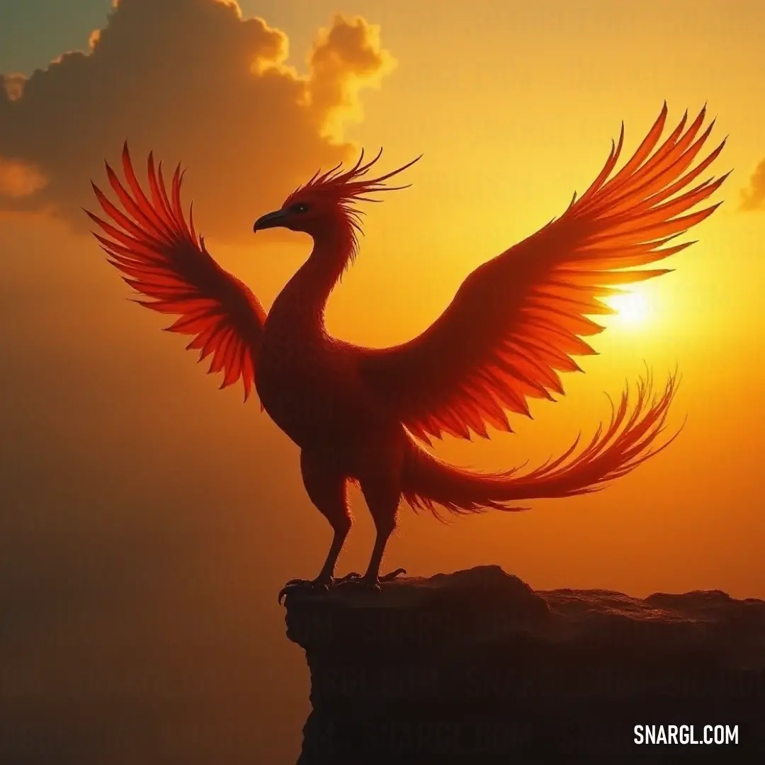 A striking Fenghuang with bold red wings stands atop a rock, its wings spread wide, bathed in the golden hues of a sunset.