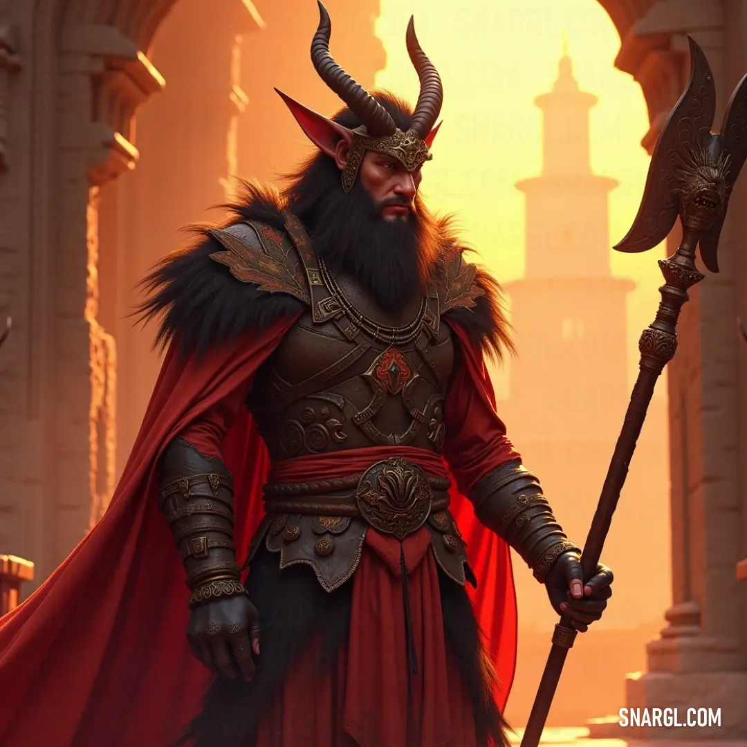 A fierce warrior in red and black with sword ready for battle A striking figure in a vivid red and black ensemble, complete with dramatic horns, holds a gleaming sword aloft, exuding confidence and danger as shadows swirl around, creating an air of dynamic intrigue.
