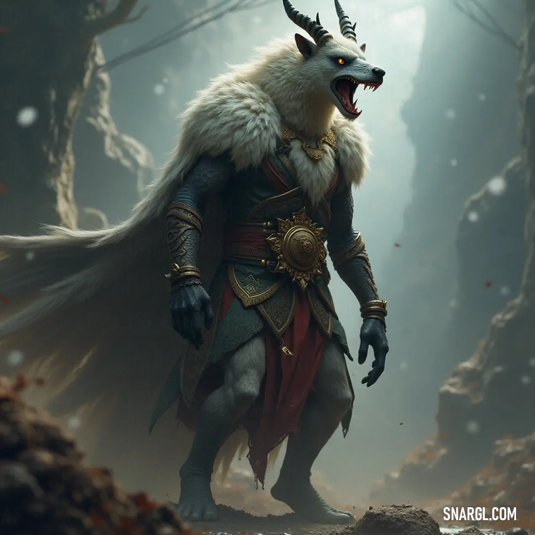 A mythical creature with wolf companion in a shadowy forest A majestic being adorned with elaborate horns and a fierce expression stands sentinel in a shadowy forest, accompanied by a loyal wolf, together embodying the spirit of wild strength and ancient lore.