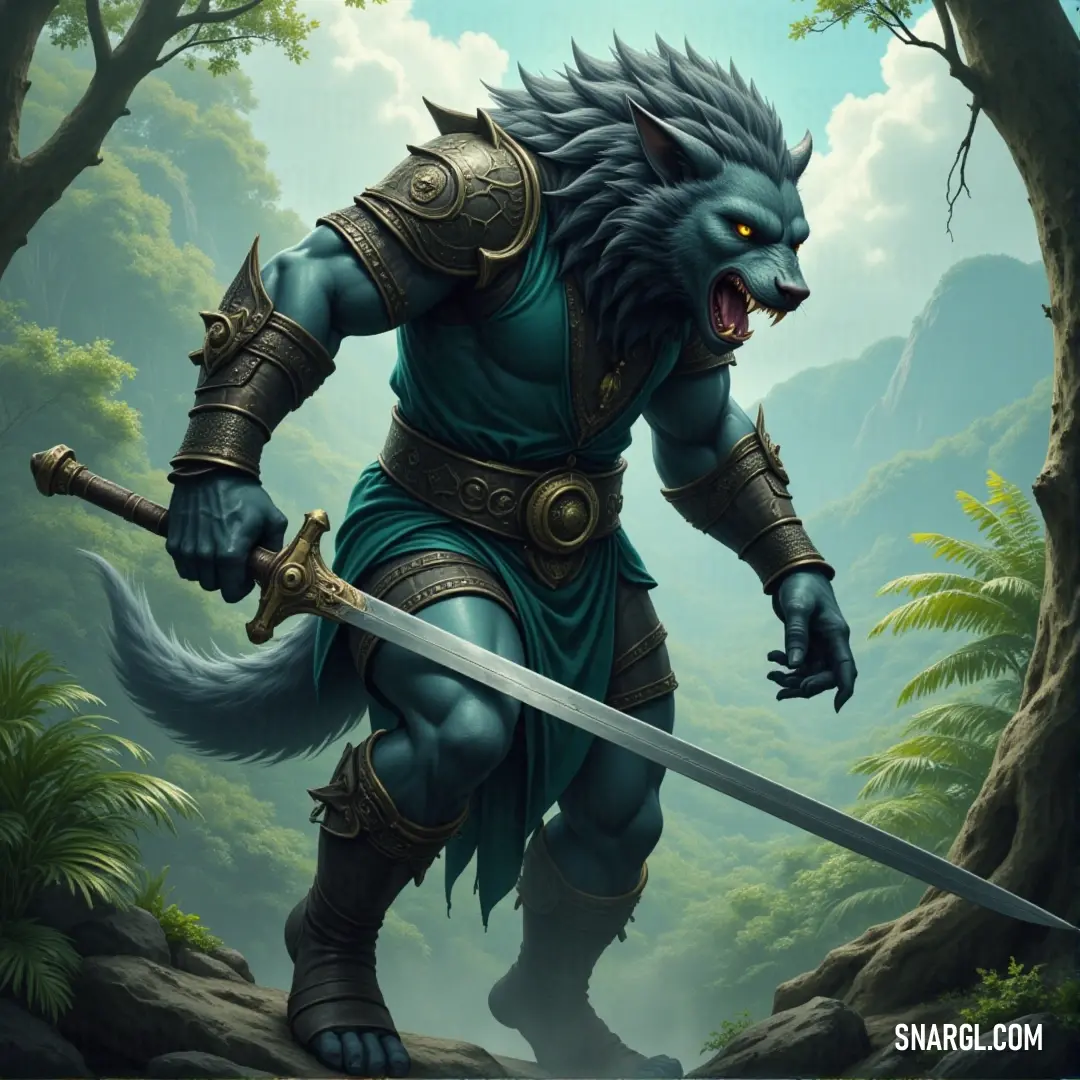 Blue Fenrir Greyback, sword in hand, ready to battle in the dense forest, surrounded by towering trees and wilderness. A blue-skinned Fenrir Greyback wields a gleaming sword, surrounded by towering trees and thick underbrush in the heart of the forest. The air is thick with tension as the warrior stands ready for an impending confrontation.