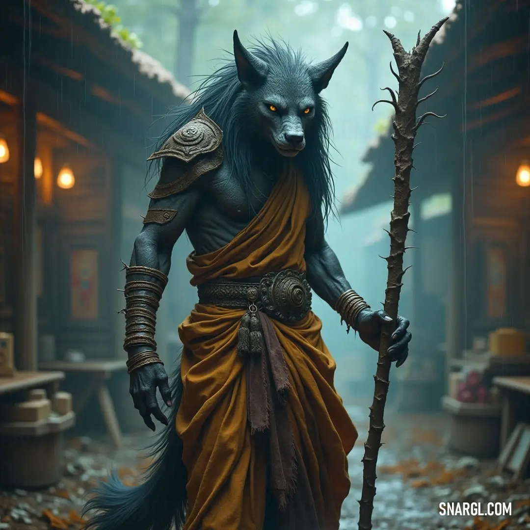 A formidable entity in a wolf-adorned costume grips a stick while standing amidst the trees, embodying the harmony of beast and man, shrouded in the mystique of the forest. A fearsome figure donned in a wolf-themed costume stands vigil in a forest clearing, brandishing a stick as dark shadows loom behind, capturing the wild essence of nature while intertwining human spirit with animal might.