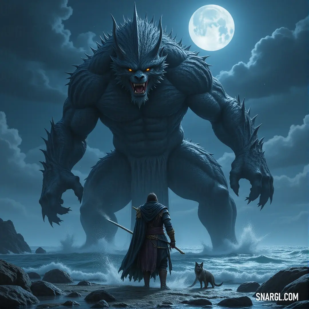 Fenrir Greyback and his loyal dog stand under the full moon, facing a monstrous threat on a secluded beach. Fenrir Greyback stands alongside a fierce dog, their eyes scanning the horizon under a full moon. The night sky is charged with mystery as a gigantic monster looms in the distance, casting an ominous shadow over the beach.