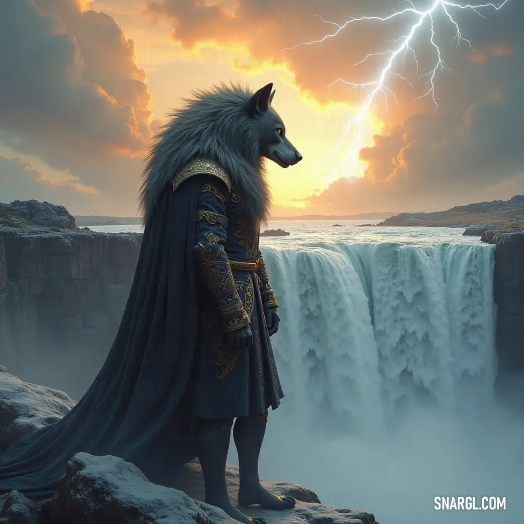 An imposing figure in a costume stands righteously before a powerful waterfall, lightning illuminating the stormy sky above, merging nature's fury with an indomitable spirit. A striking figure in a costume stands defiantly before a majestic waterfall, its intricate design complemented by lightning slicing through the ominous sky, creating a scene brimming with dynamic energy and raw power.